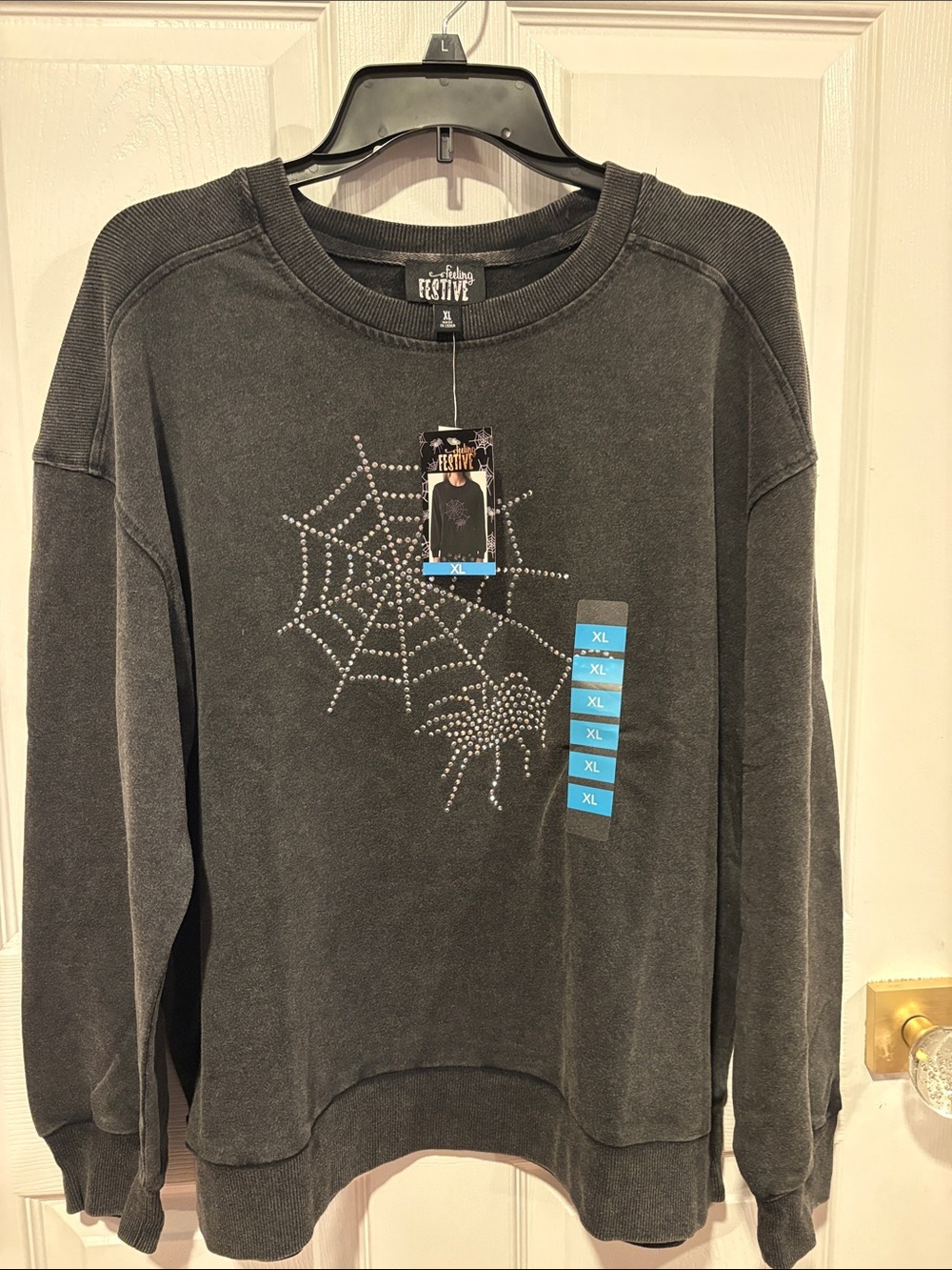 BNWT Halloween Rhinestone Spider Web Spider Sweatshirt Washed Black XL